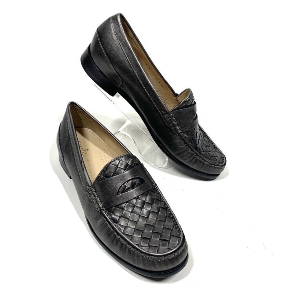 Cole Haan Leather Loafers Women’s Sz 9 1/2 B, Metallic Silver, Woven Leather